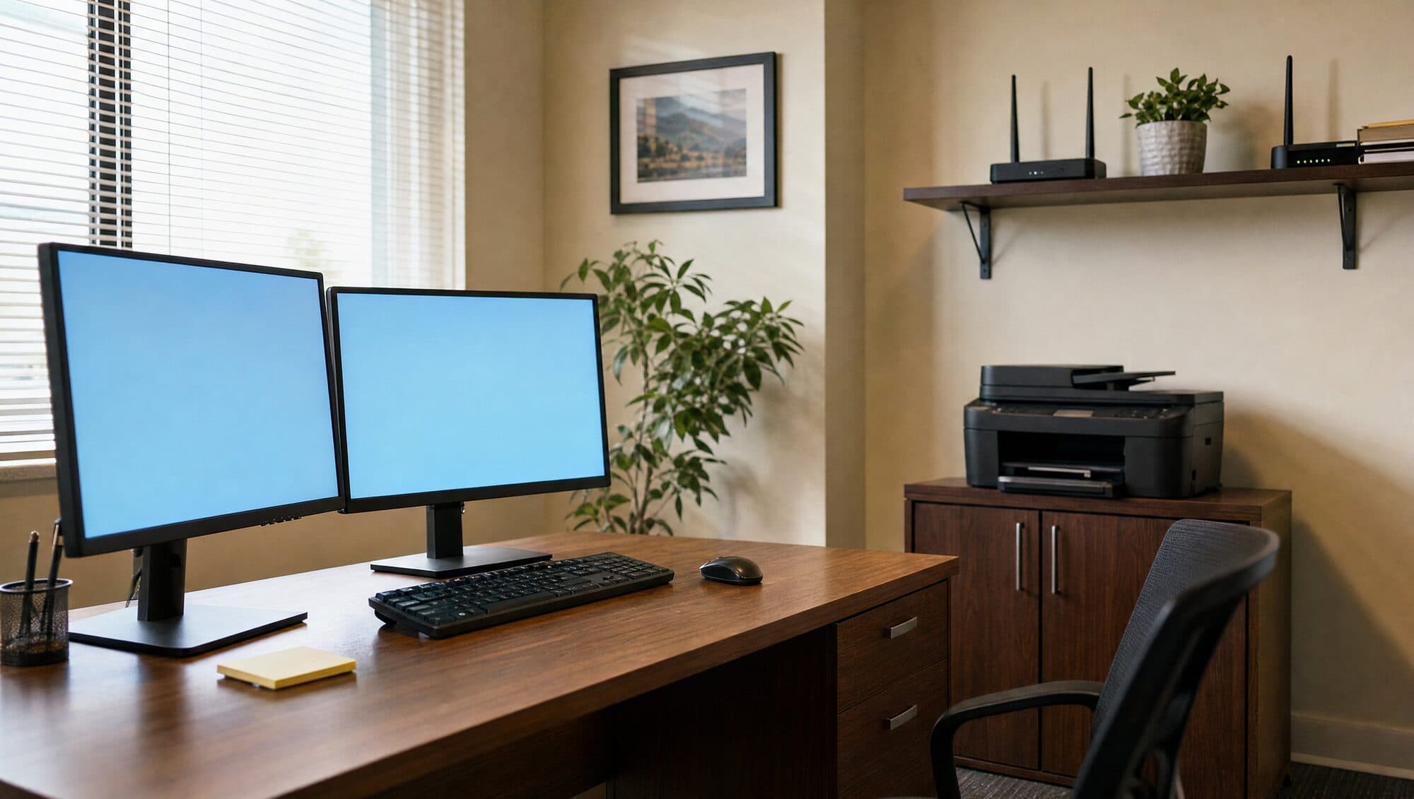 Two monitors and a keyboard on an office desk, with a printer on a cabinet behind