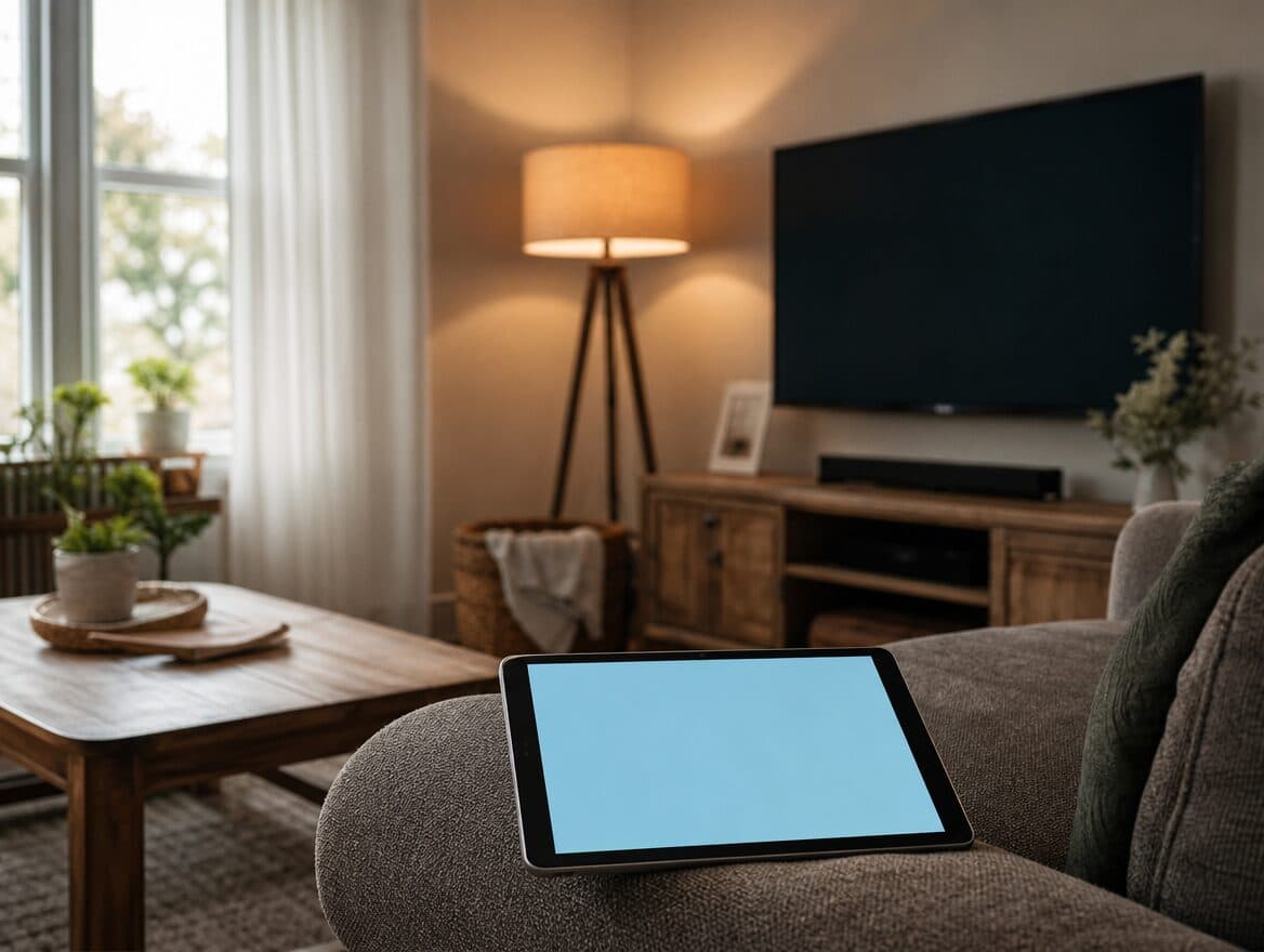 A family room with a tablet on the arm of a sofa and a lamp on