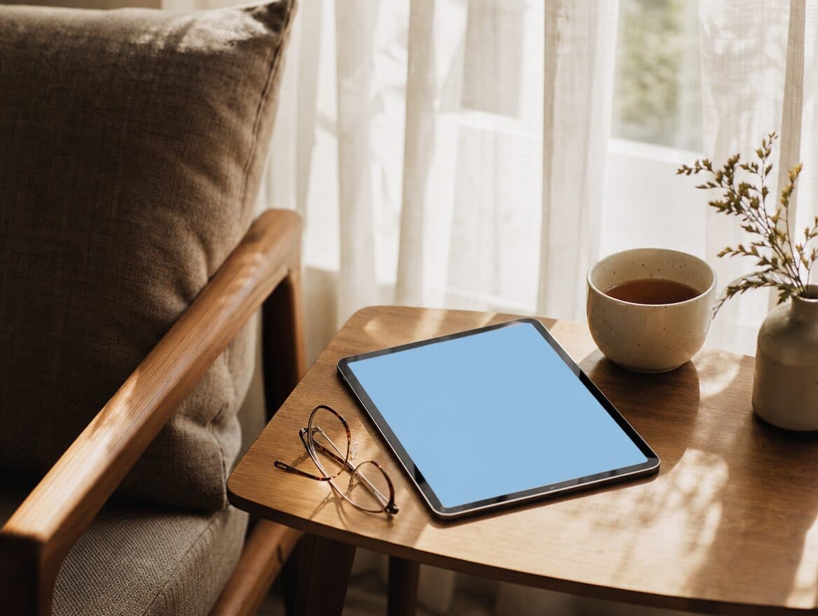 A tablet and reading glasses on a side table beside an armchair