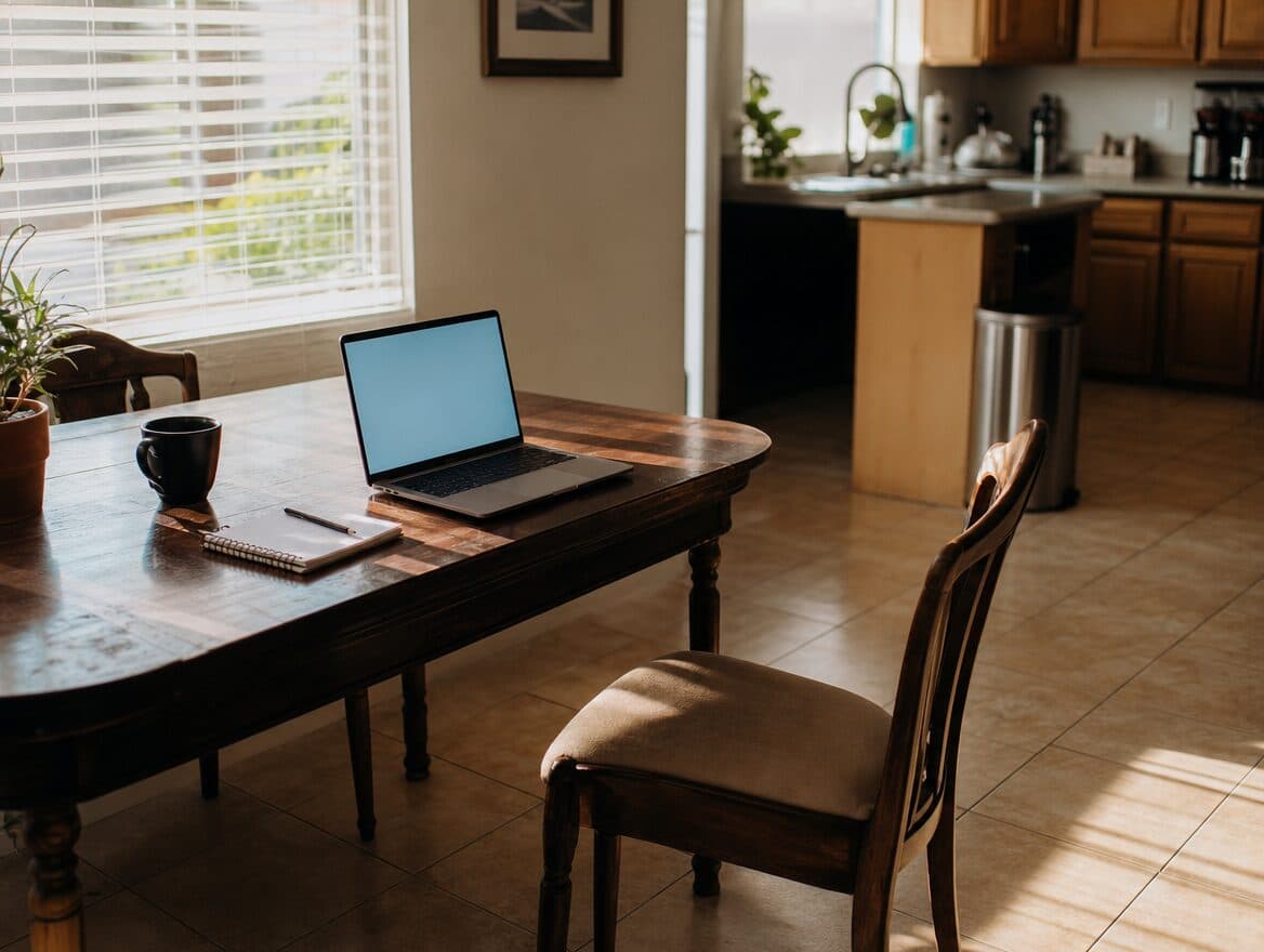 A laptop and a notebook on a kitchen table in morning light